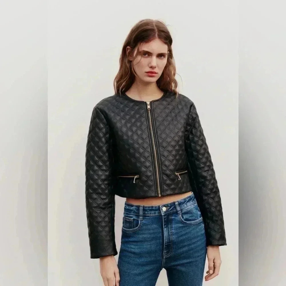 NWT Zara Faux Leather Cropped Quilted Jacket Black Sz S